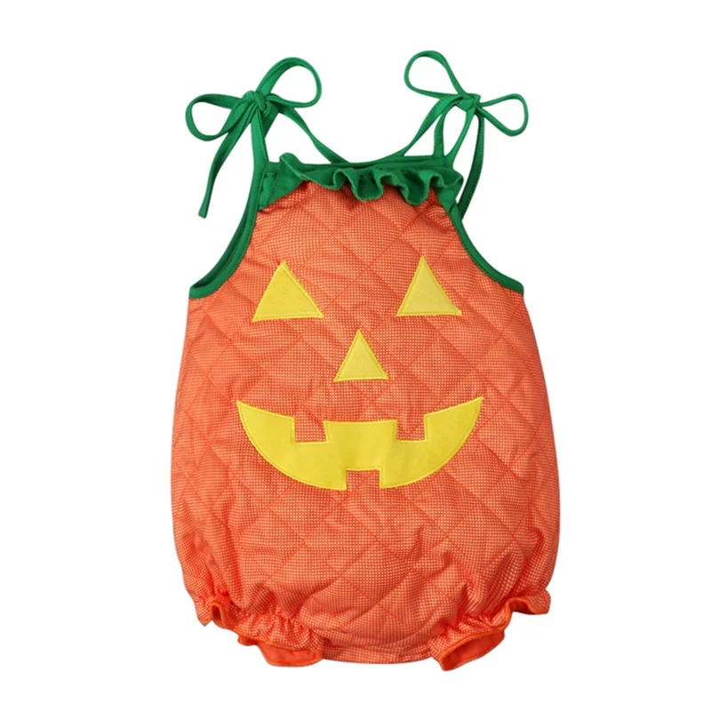 

6M-3T Newborn Baby Halloween Costume Bodysuit Cartoon Pumpkin Face Print Tie-Up Sleeveless Cosplay Romper Children Clothes