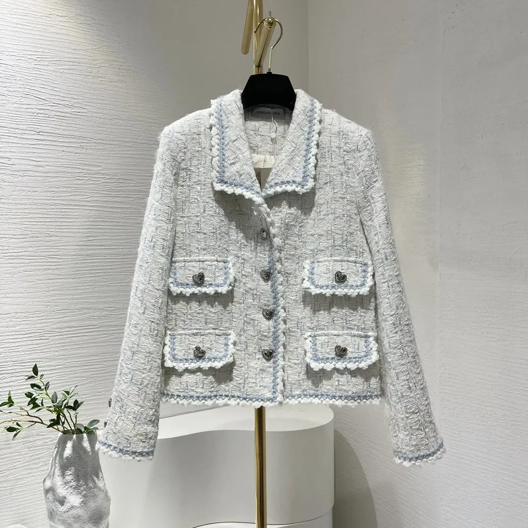 Hellblaue 2024-Herbstjacke mit neuem Besatz, Patchwork, langärmelig, Tweed-Daunenjacke von guter Qualität für Damen