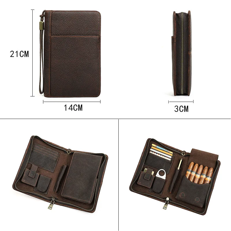 Leather Humidor 5 Piece Cigar Capacity Holder With Wrist Zipper Multi-function Travel Cigar Case