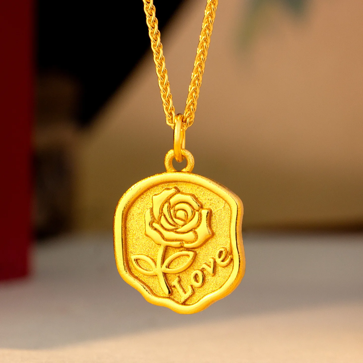 women brushed rose gold pendant made of 24K pure gold AU999 builds soft trendy vibe for young girls.