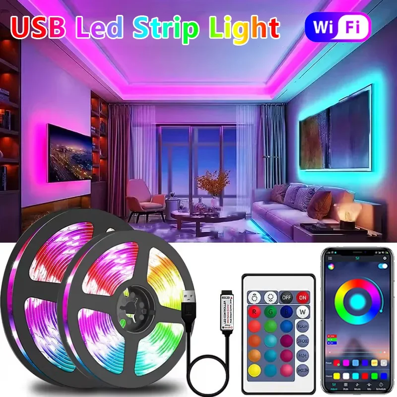 

USB LED Strip Lights APP Control Color Changing 5050 RGB Led Light Flexible Lamp Tape for Festival Party Room Decoration Light V