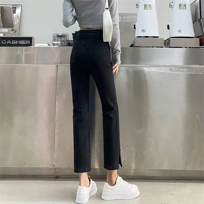 Celana Jeans Menyala Sembilan Poin Pinggang Tinggi Wanita Korea Celana Denim Forking Wanita Musim Semi Musim Gugur Celana Panjang Koboi Serbaguna Wanita 2024