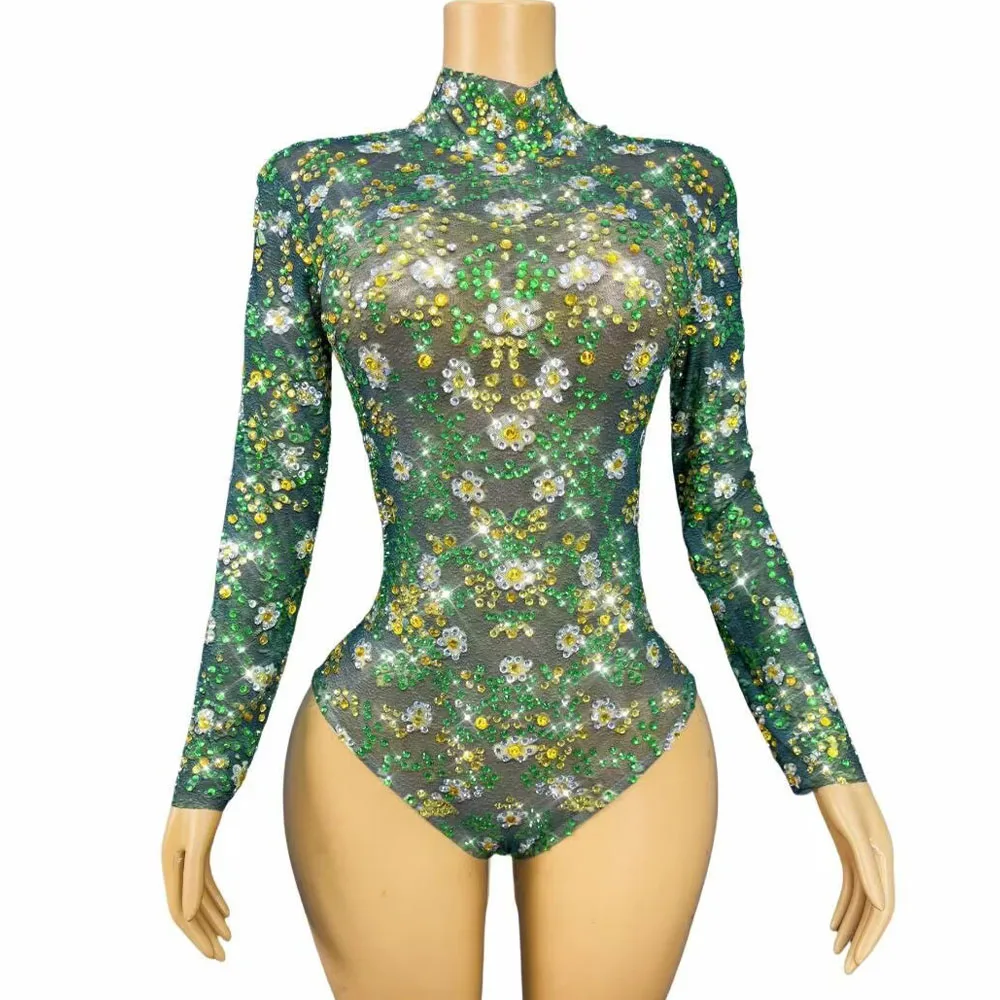 Seksowny, błyszczący strój sceniczny, ręcznie robiony kombinezon z siateczki i dżetów, damski kostium na wesele, urodziny, pokaz mody, występ.