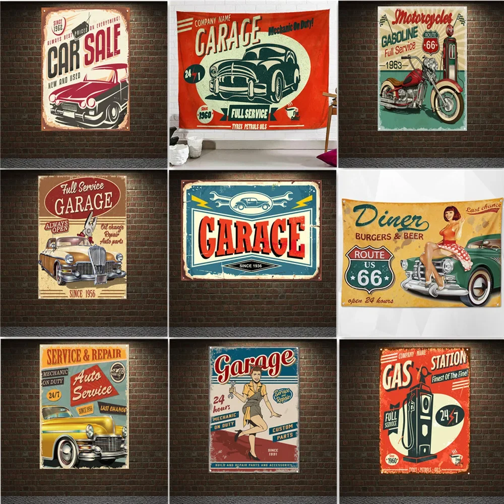 

Classic Cars Painting Tapestry Garage SERVICE & REPAIR Flag Vintage Wall Art Banner Gas Station Auto Repair Shop Decor Poster