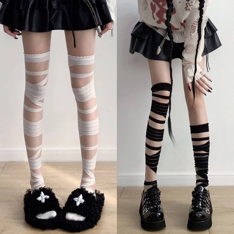 

Ladies Striped Bandage Over-the-Knee Stockings, JK Lolita Y2K Style, Sexy Summer Hosiery, Long-Tube White Stockings