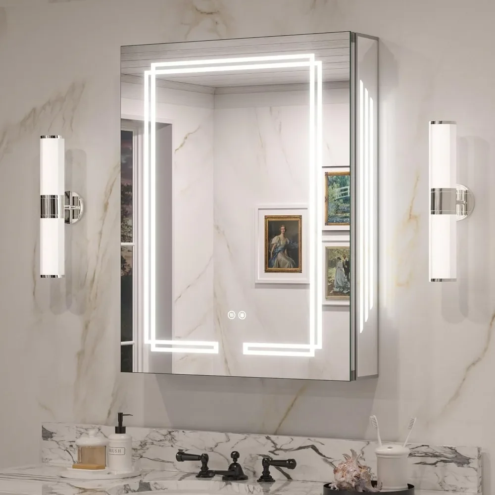 

LED Lighted Medicine Cabinet with Mirror, 24x32 Bathroom Mirror Cabinet with Lights, Wall Mounted,Stepless Dimming,Anti-Fog