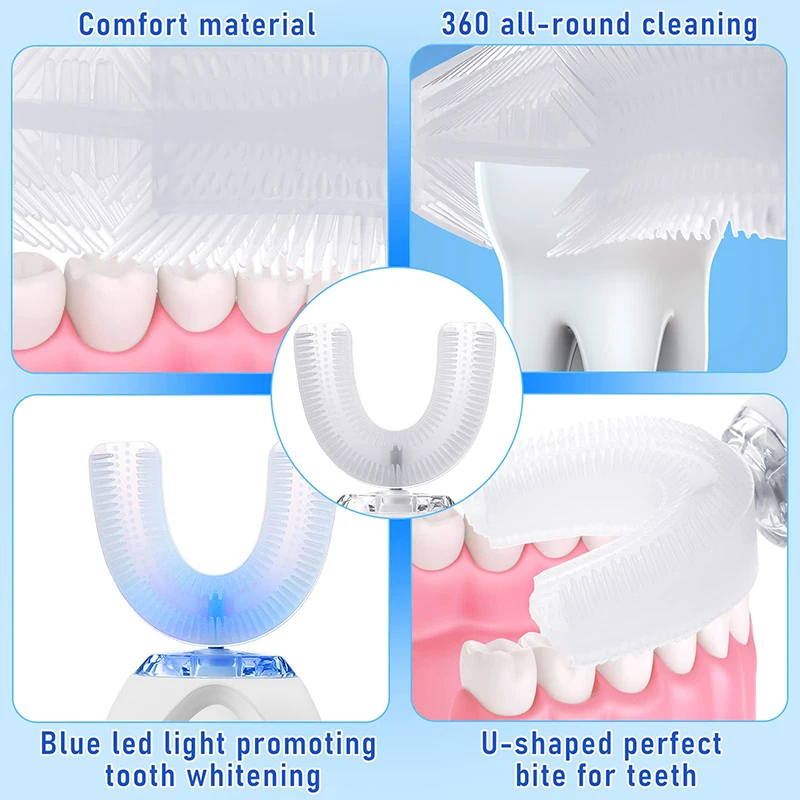 جديد قابلة للشحن الأزرق الأبيض الذكية السفر U-شكل فرشاة الأسنان الناعمة مجموعة فرشاة الأسنان الكهربائية منظف الفم المحمولة #4