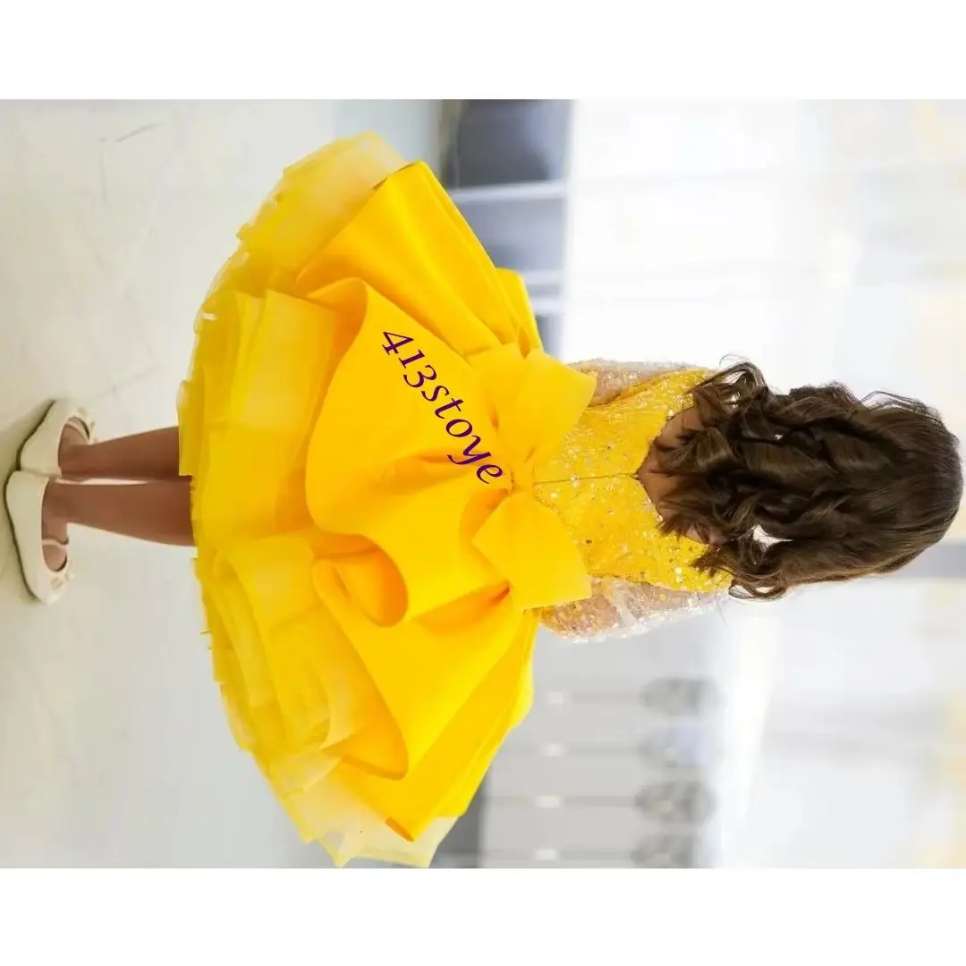

Customized Yellow Flower Girl Dress For Wedding Sequins Full Sleeves Knee Length Little Girl Birthday Party First Communion Gown