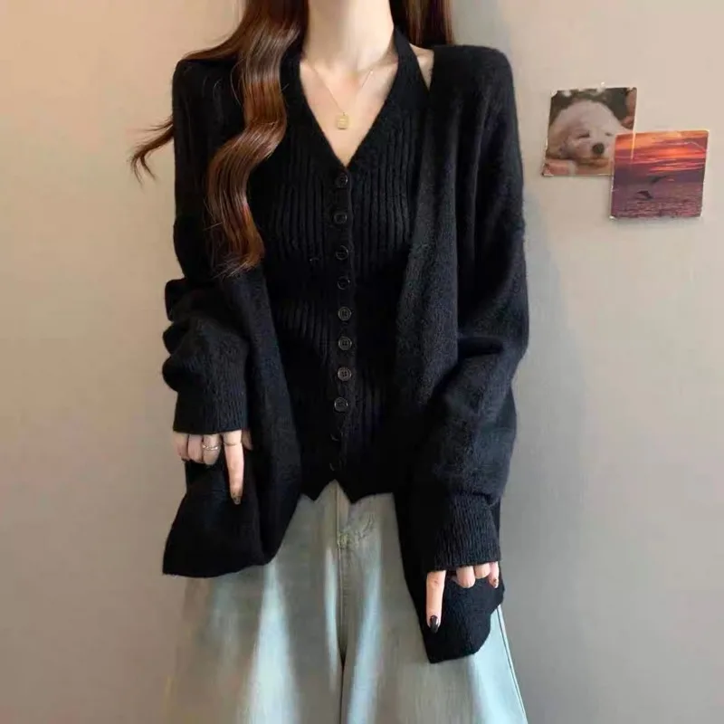 Giacca maglione allentata ispessita stile pigro Canotta lavorata a maglia autunno e inverno da donna Top in due pezzi