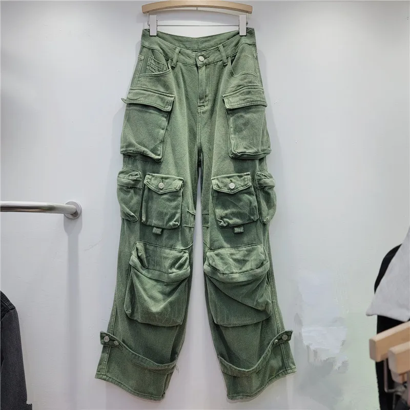 

2024 Spring Autumn New Green Multiple Pockets Design Wide Leg Loose Fitting Straight Tube Casual Denim Jeans Women Trendy LX181