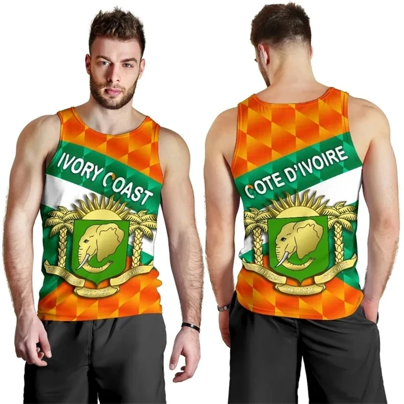 

Ivory Coast Flag Map 3D Print Tank Top For Men Clothes Casual Hawaii Sport Vest National Emblem Coat Of Arms Male Waistcoat Tops