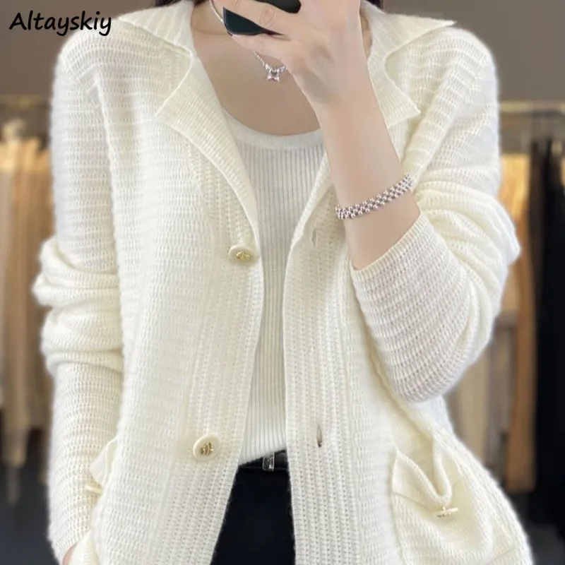 Elegant Cardigans for Women All-match Simple Autumn Winter Notched Niche Soft Female Casual Clothing Knitted Gentle Pockets New