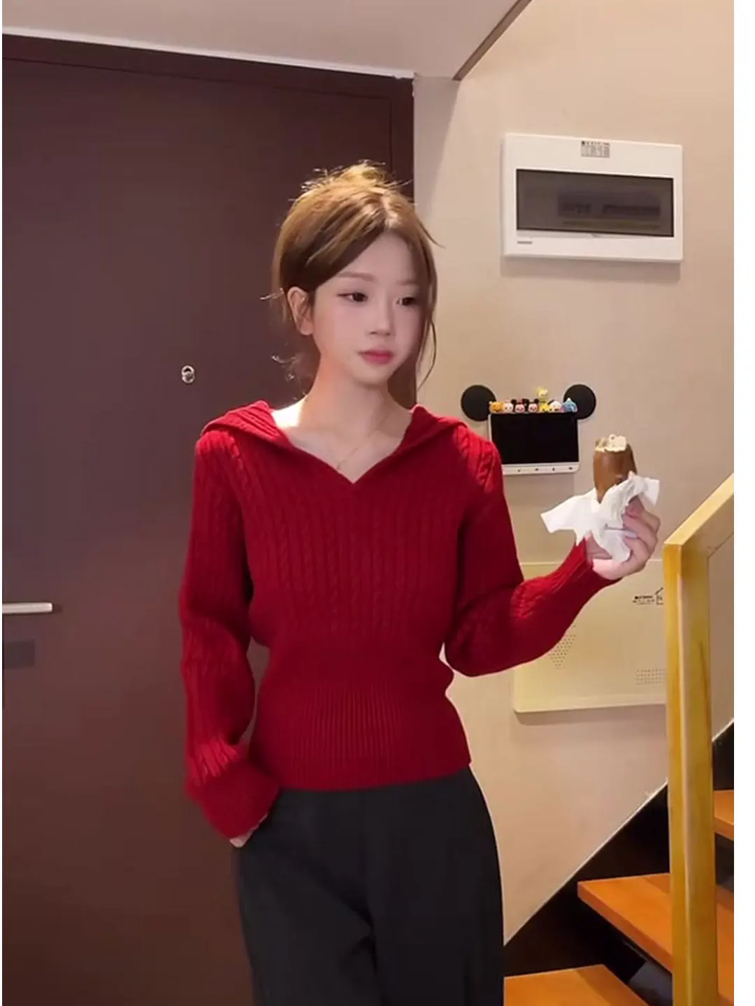 

Red Hooded Sweater Women's Slim Fit Inner Wear Knitted Shirt Spring Autumn Winter Casual Style Comfortable Soft Medium Thick