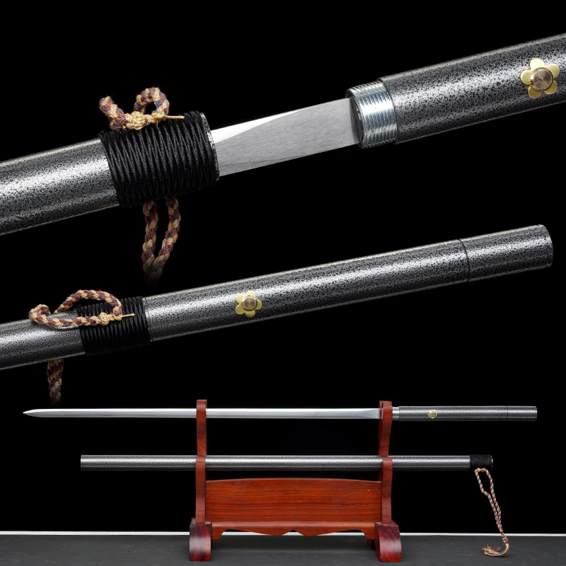 Chinese Tang Straight Sword Manganese Steel Full Size Walking Stick Swords Martial Arts Catana Metal Handle Katana Home Decor