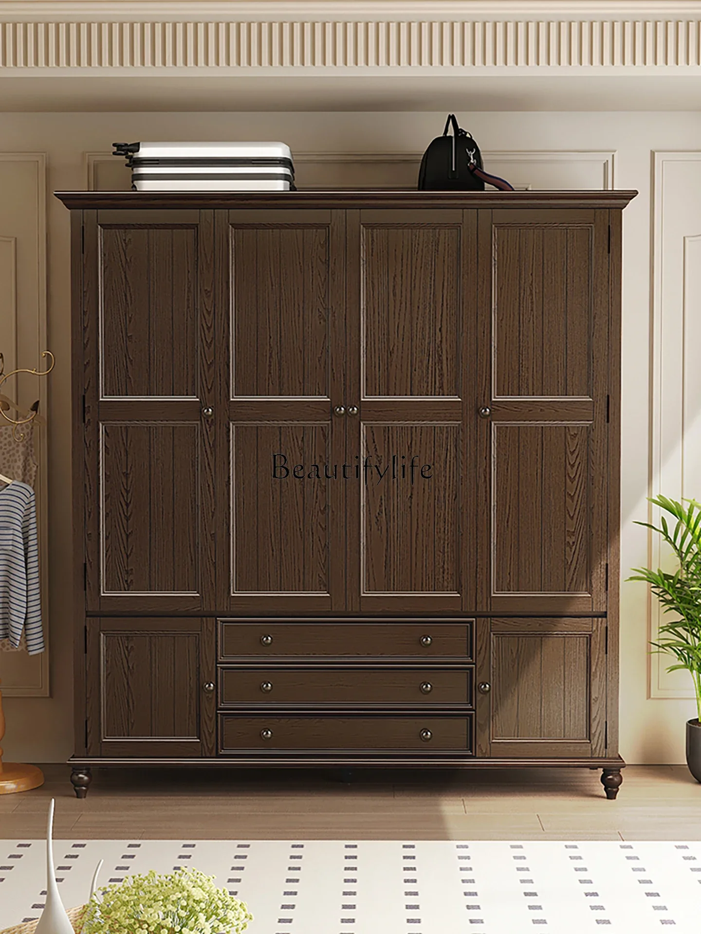 

yj19 American Country Retro Solid Wood Four-Door White Ash Large Storage Wardrobe