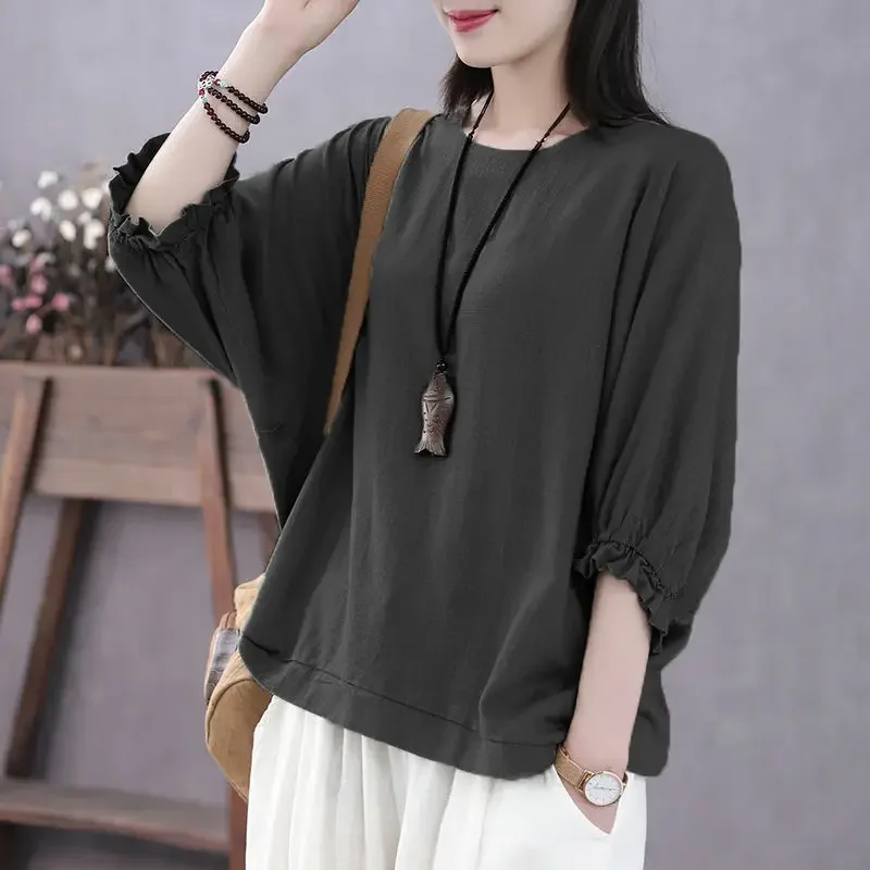 2023 Spring and Summer Women\'s New Solid Commuter Top Round Neck Bat Sleeve Casual Comfortable Versatile 5/4 Sleeve Top