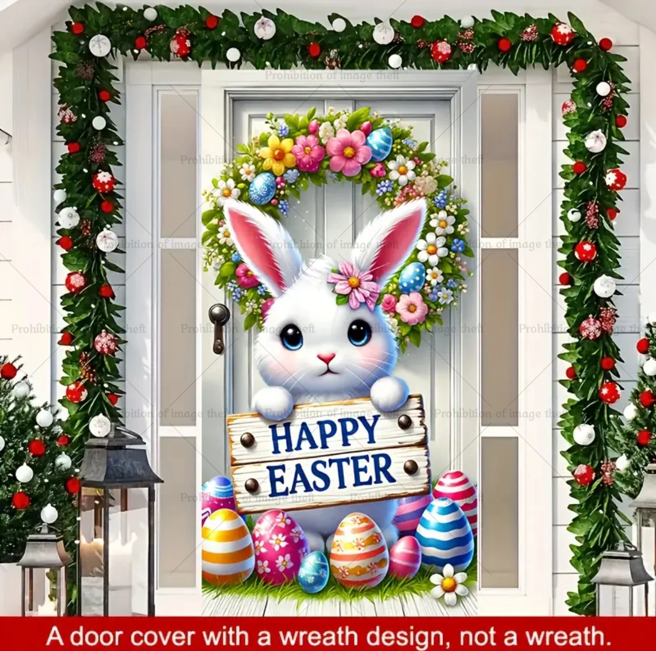 Happy Easter Cute Bunny Theme Background Fantasy Spring Wreath Door Cover Bunny Dog Flower Eggs Baby Party Decoration Gift Prop