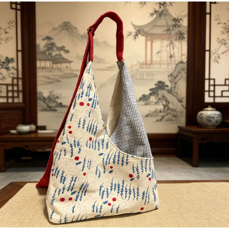 Women New Chinese Style Canvas Tote Bag Bamboo Grass Print Large Capacity Shoulder Bag Vintage Oriental Casual Shopping Handbag