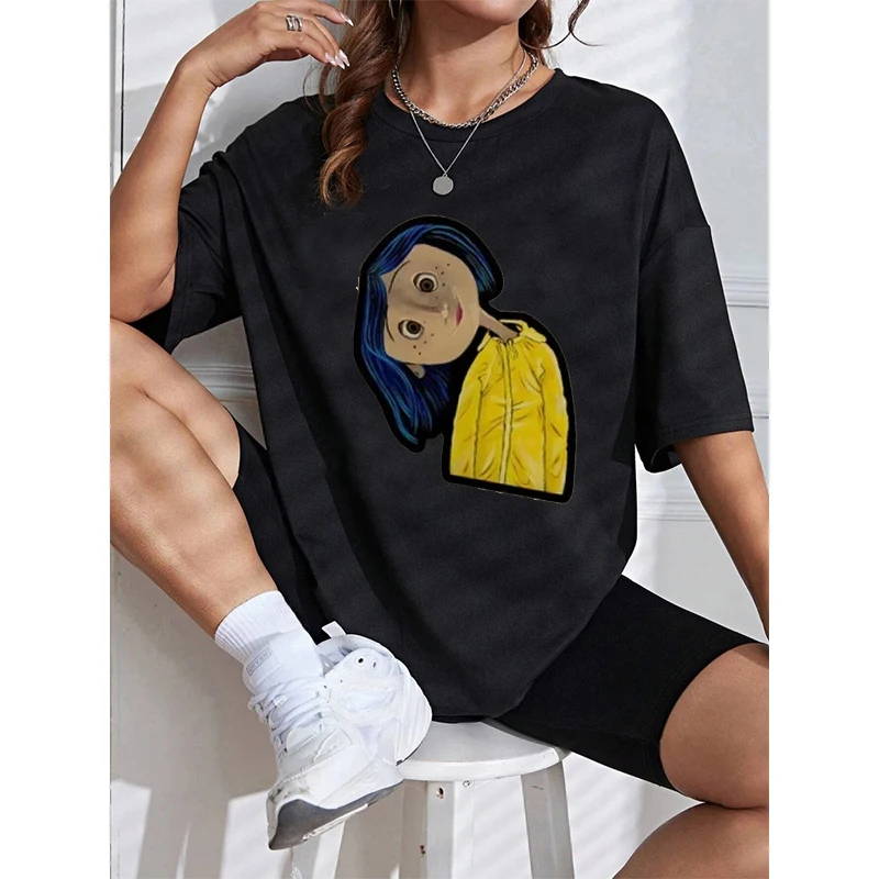 Cartoon Coraline Printed Tshirt Men Woman Streetwear Summer Oversize Loose Cotton Tee Tops Harajuku Unisex Short Sleeve Clothing