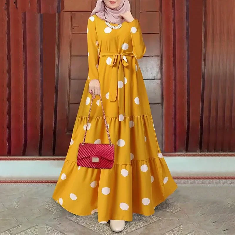 Loose Sundress Women Vintage Polka Dot Print Robe Dress Muslim Abayas for Women Dubai Turkey Islam Clothes Casual Vintage Dress