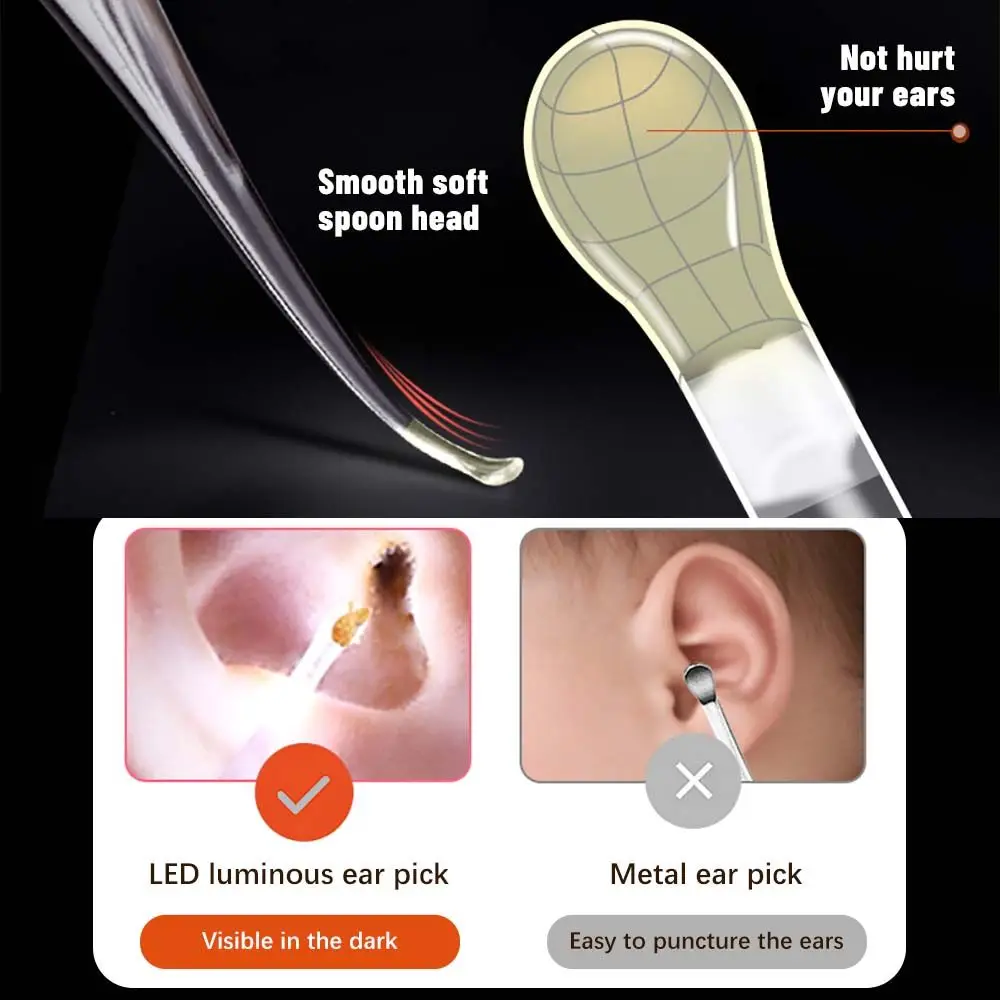 Kids Ear Care Tool Ear Nose Tweezer Ear Wax Remover LED Light Earpick Ear Cleaner Spoon Curette Picker