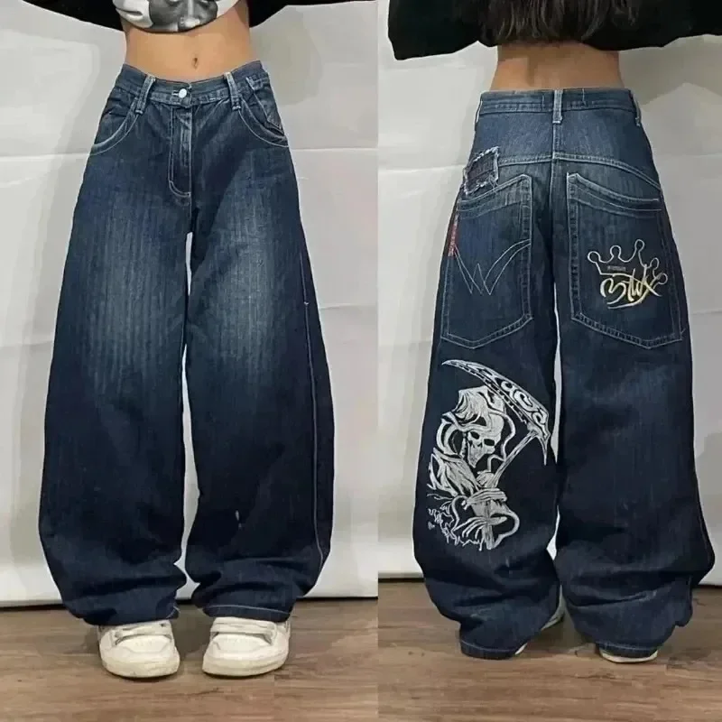 Harajuku Retro Hip Hop Print Baggy Jeans New Y2K Womens Black Pants Gothic High Waisted Wide Trousers Streetwear