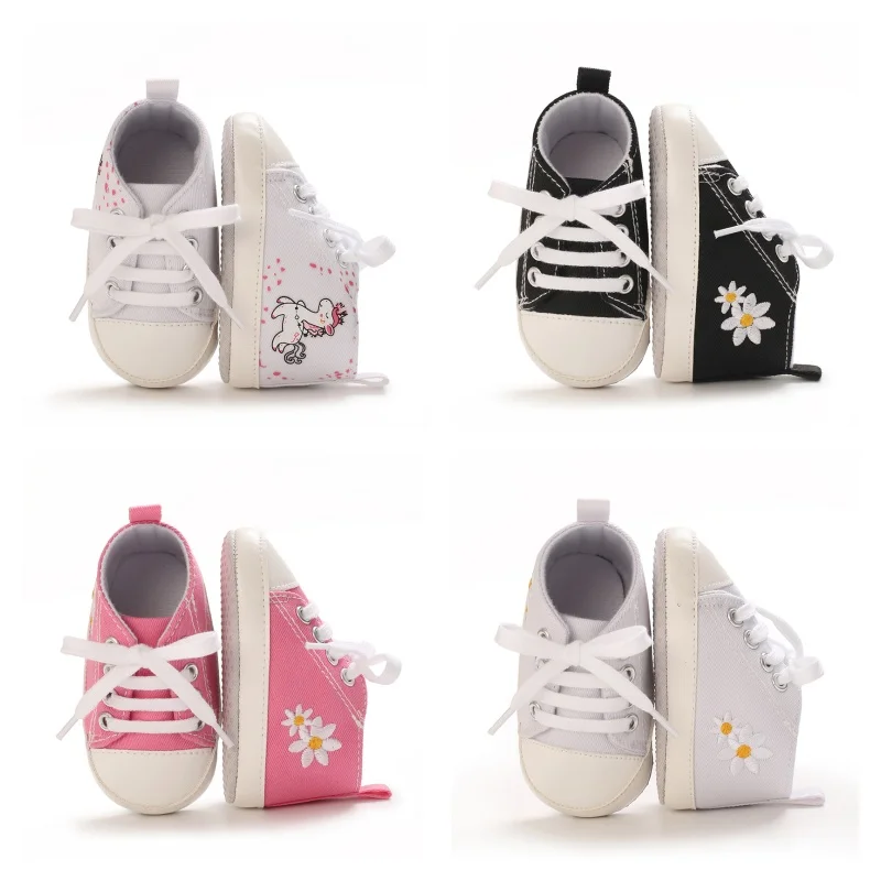 Niedliche Baby-Leinenschuhe mit Gänseblümchen- und Cartoon-Print, weiche Sohle, lässige Lauflernschuhe für Mädchen