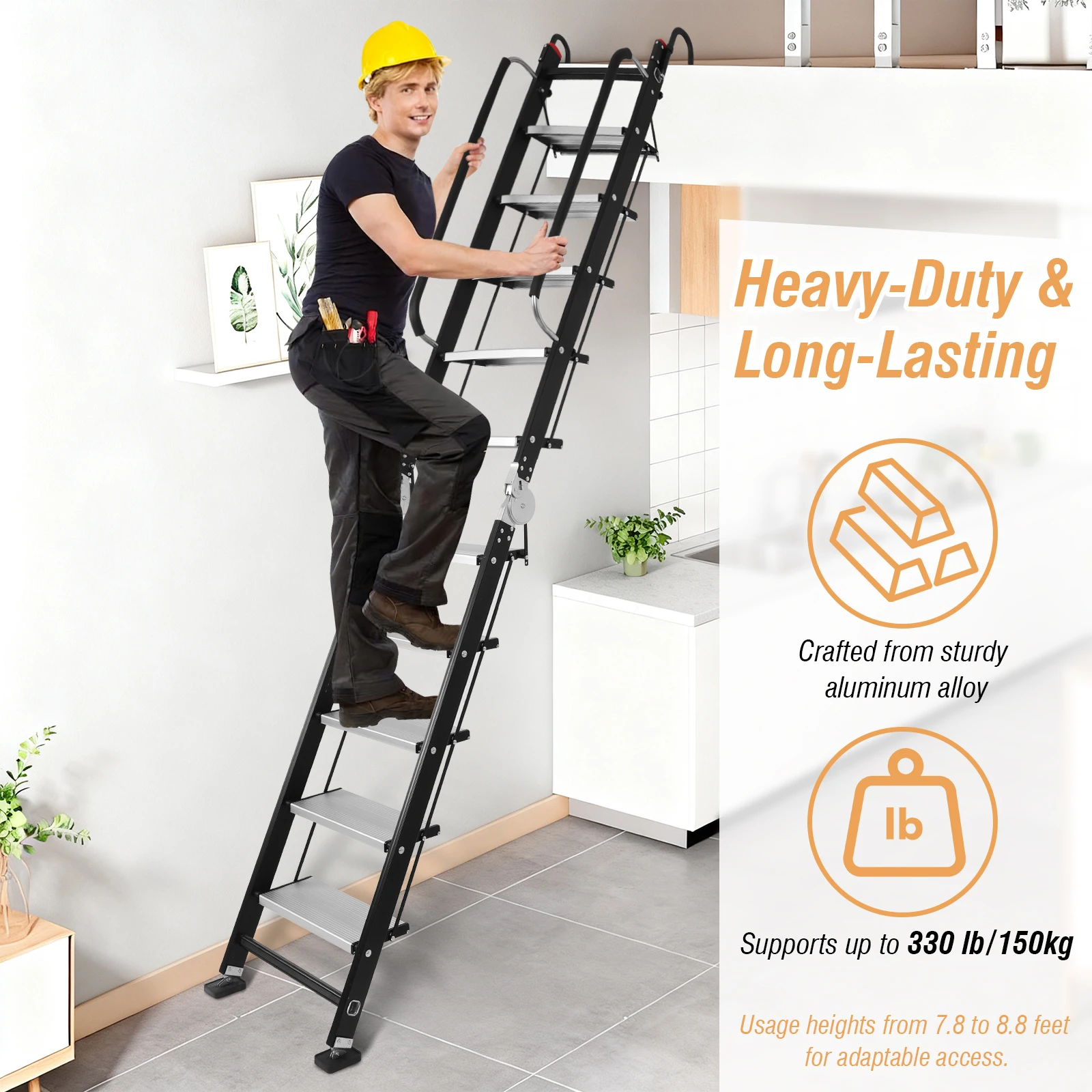 Escalera plegable de aleación de aluminio para Loft, escalera con ganchos para pasamanos, escalera para ático, 10 escalones para Loft, ático, dormitorios, Camper, biblioteca, cubierta RV