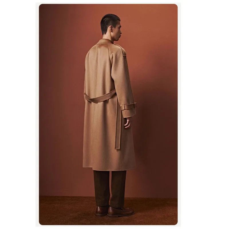 Luxury Autumn Winter Men's Double-faced Cashmere Coat Camel Retro Elegance Long Lace-up Coat Soft and Smooth High-end Men's Wear