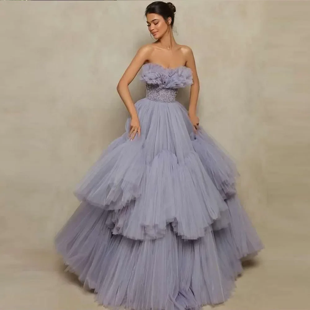 Customized Prom Gown for Women A-line Tiered Tulle Gorgeous Strapless Sleeveless Floor-Length Evening Party Dresses فساتين للحفل