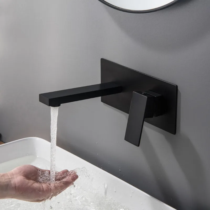 One-piece wall concealed all-copper square black splash-proof hot and cold water face wash table upper plate basin faucet