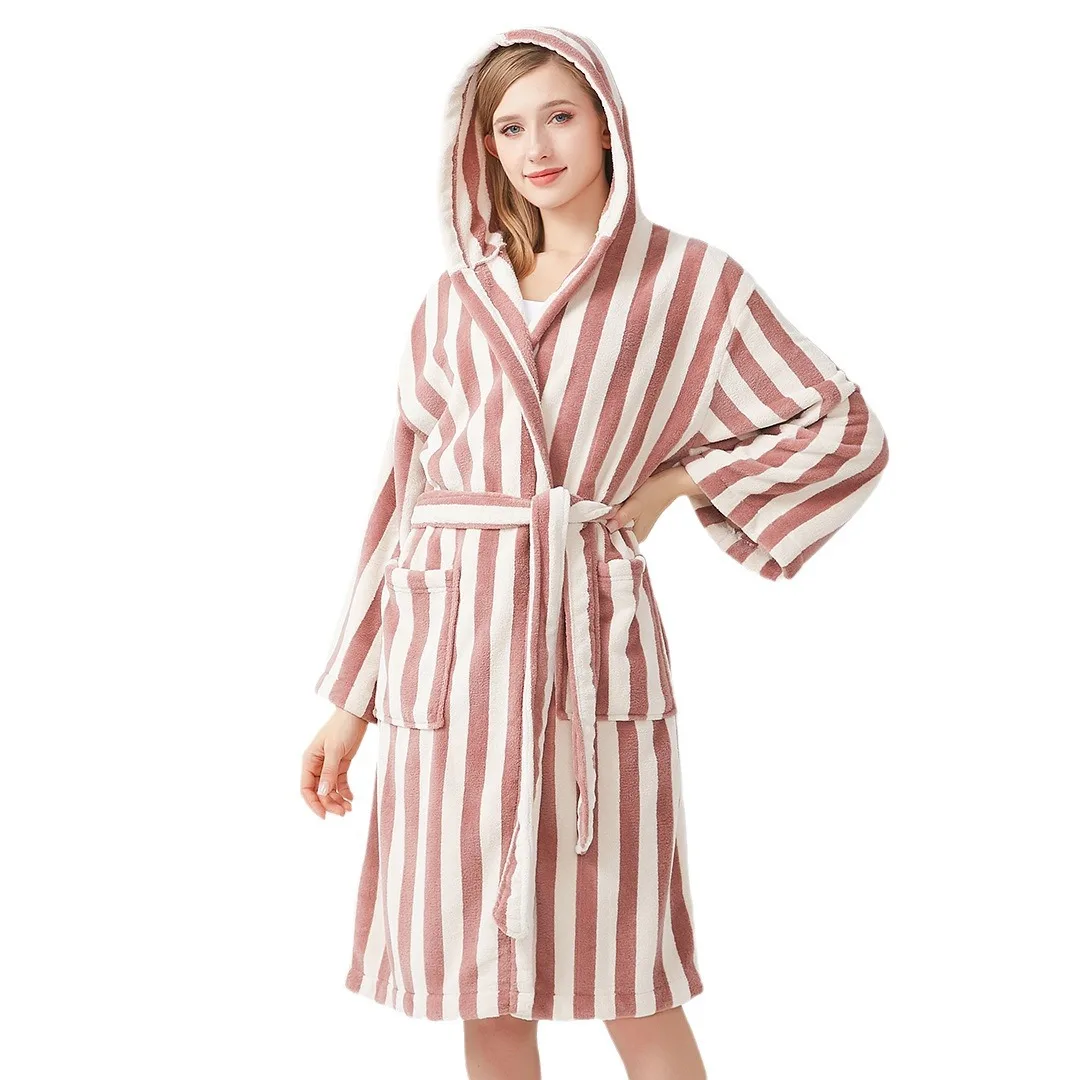 Women Flannel Robe Home Sleepwear Striped Hooded Bathrobe Kimono Bathrobe With Belt Water Uptake Pajamas Loose Hotal SPA Robes