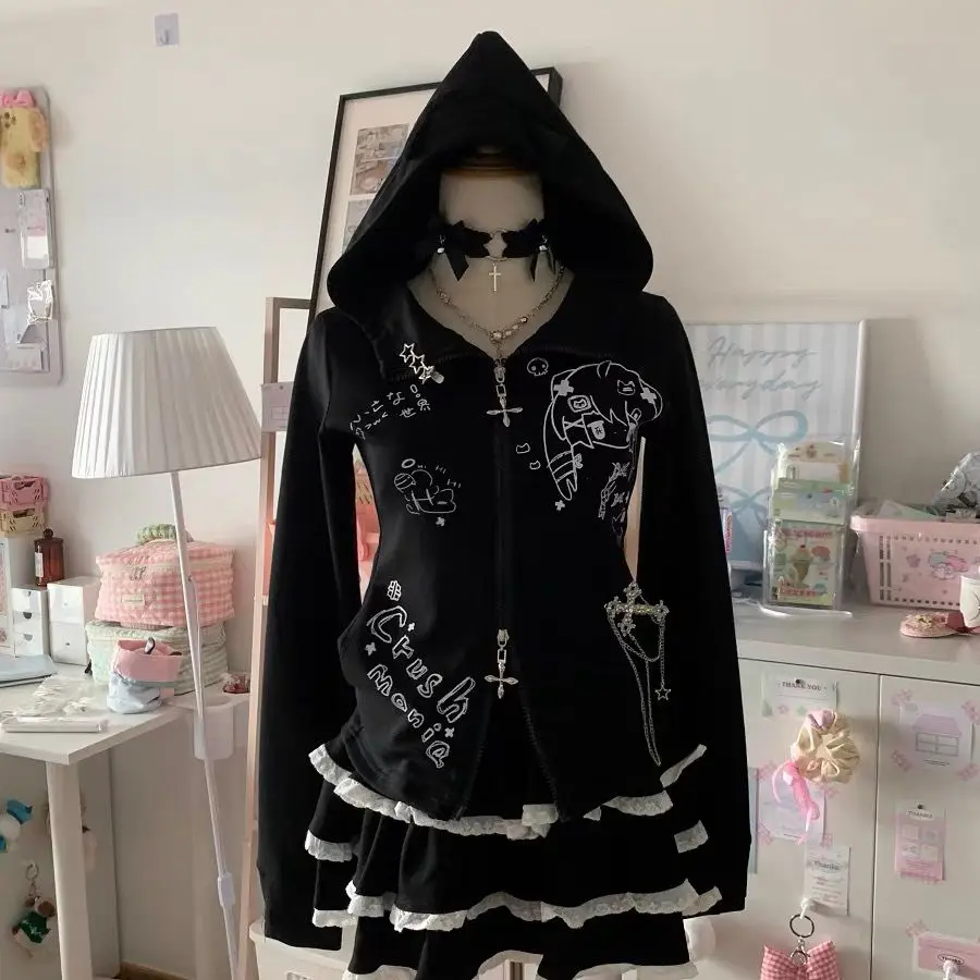 

Korean Slim Fit Spice Girl Long Sleeves Double Zipper Hoodies Women Spring New Trendy Anime Hoodie Grunge Aesthetic Y2k Top
