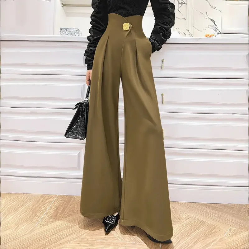 Pantaloni a gamba larga a vita alta, vita stretta, pantaloni super primaverili e autunnali, pantaloni casual, pantaloni a piedi grandi da donna, alla moda