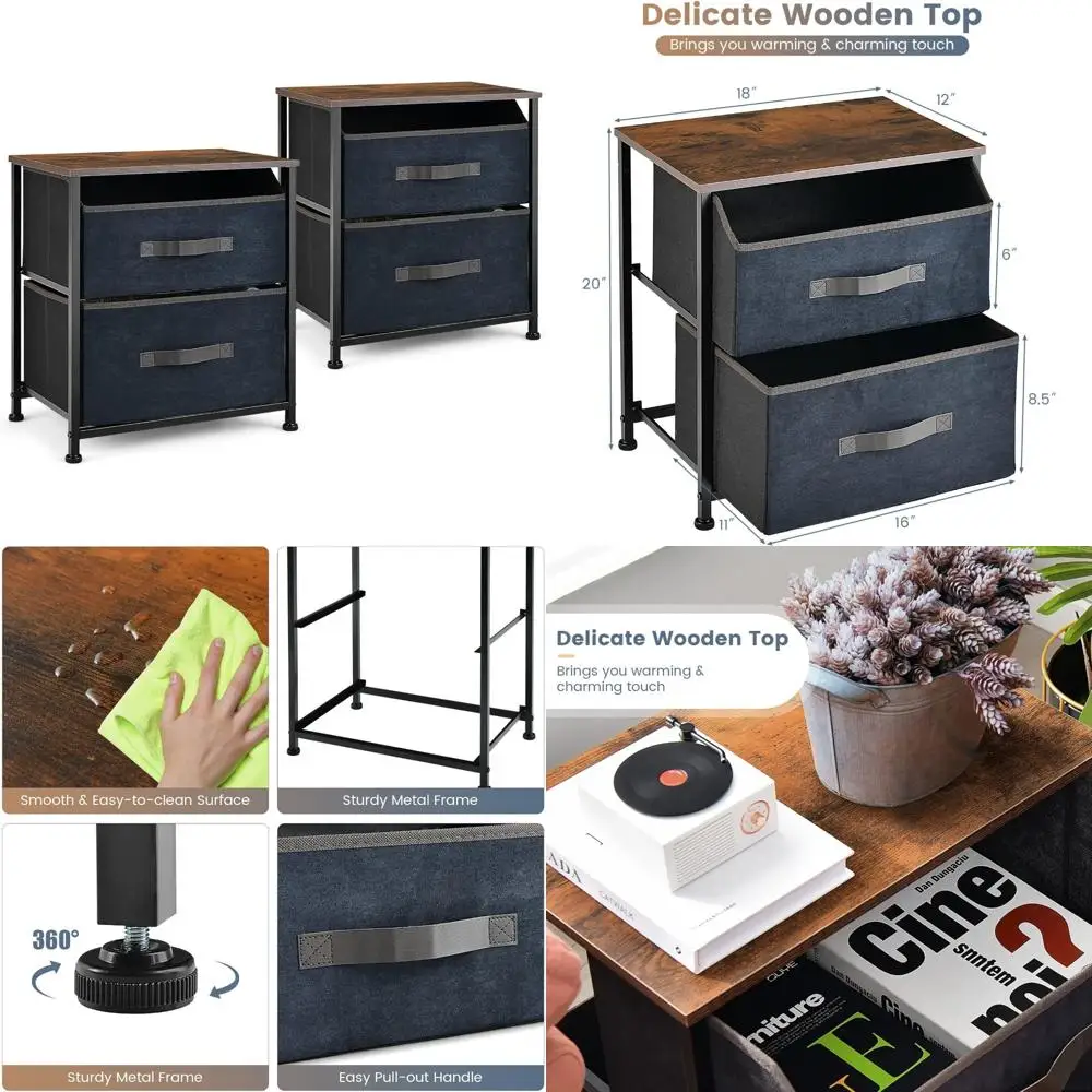 

Набор тумбочек с двумя ящиками, небольшой комод со съемными тканевыми ящиками, деревянная столешница, металлический каркас, выдвижной, прочный и функциональный торцевой столик