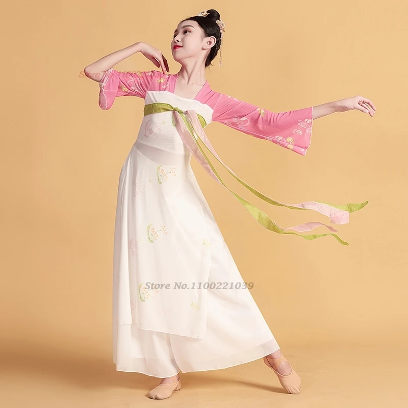 Vestido de baile chino para niños, traje tradicional para actuación en escenario, tops hanfu de malla con estampado de flores y pantalones, conjunto de vestido de hada para niña 2025