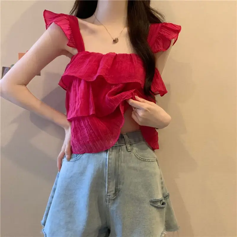 Summer New French Style Stunning Unique Shirt Small Fly Sleeves Suspender Chiffon Shirt Ruffle Edge Short Top Women's Clothing