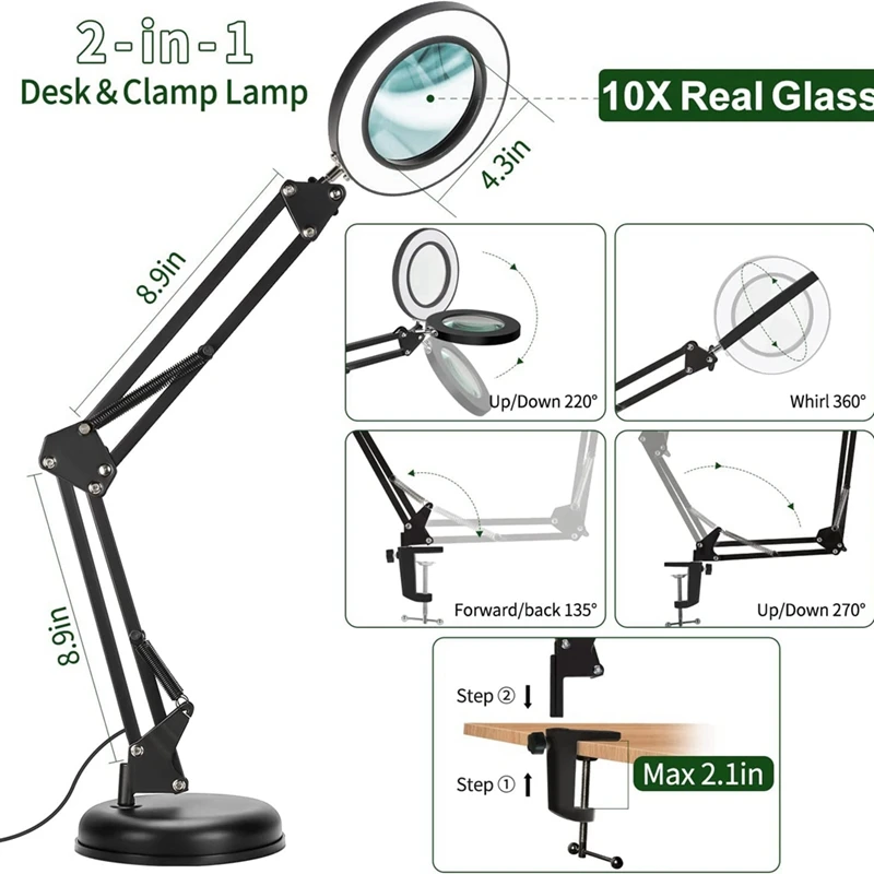 1 Piece Magnifying Glass With Light And Stand, 3 Color Modes 2-In-1 Desk Lamp With Clamp