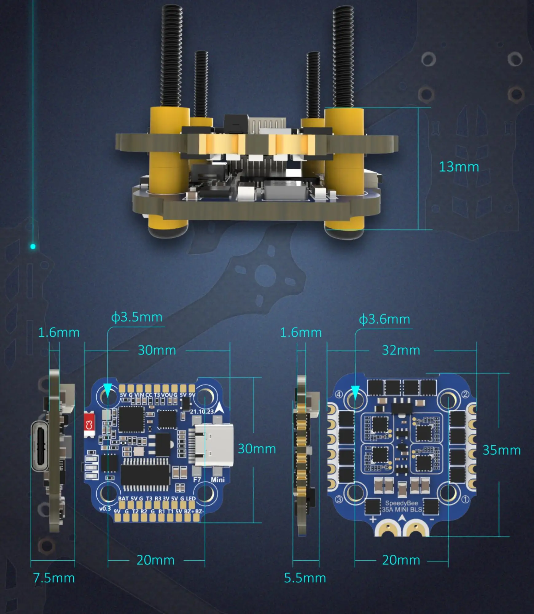 Speedybee f7 Mini esc,3〜6s,20x20mm,fc,35a,blheli_s,4-in-1,esc