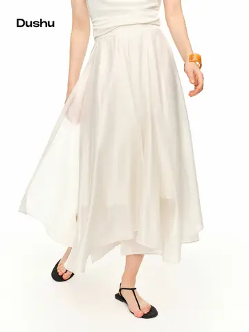 DUSHU 2026 Summer Women's Acetate Paneled A-Line Skirt - Urban Sophisticated Style for City Commute and Daily Outings