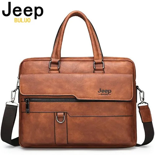 JEEP BULUO-maletín de negocios para hombre, bolso de oficina de alta calidad, de cuero dividido, de 14 pulgadas para ordenador portátil, archivo A4