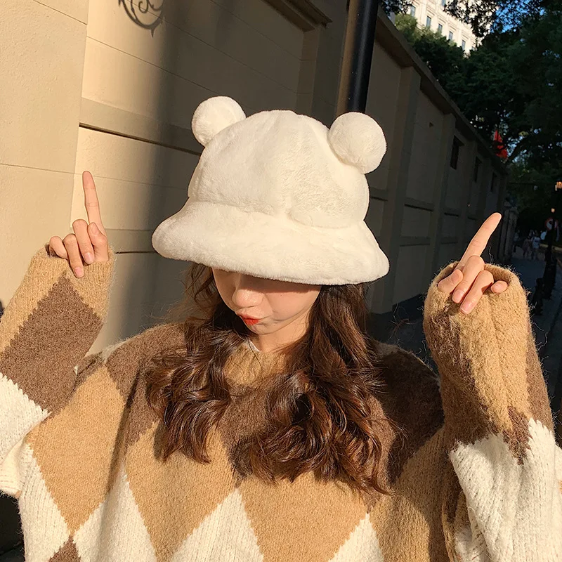 Winter Fashion Cute Leopard Bear Ear Bucket Hat For Women Thick Warm Faux Fur Furly Fisherman Cap Outdoor Protection Soft Panama