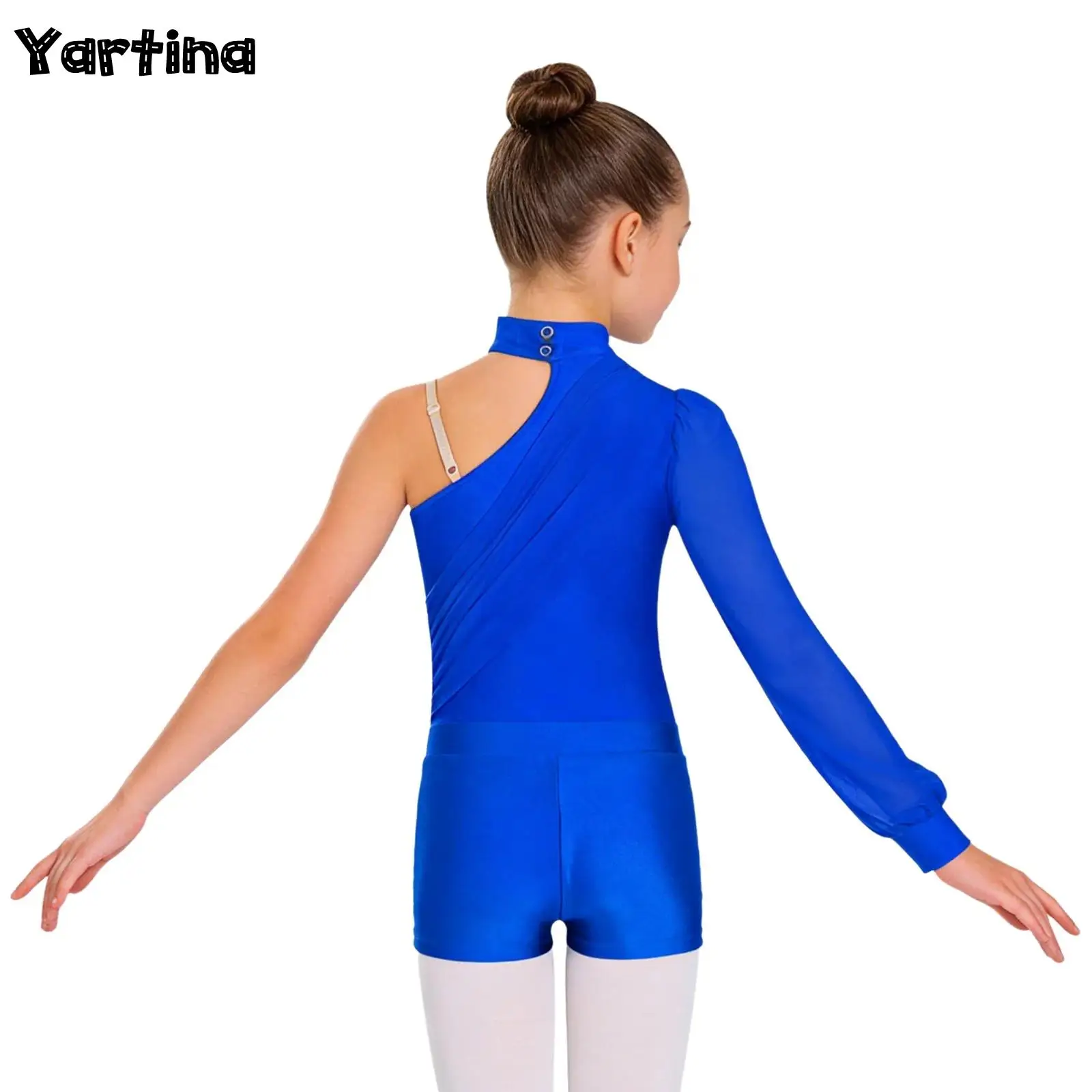 

Kids Girls Gymnastics Figure Skating Costume Ballet Dance Outfit Long Sleeve Ruched Mesh Overlay Leotard with Shorts Dancewear
