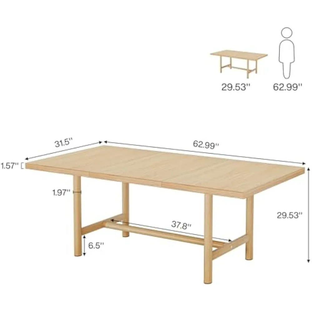 Meja Makan dapur kayu: 63 inci ruang makan persegi panjang, meja makan rumah pertanian dengan kaki logam tugas berat untuk dapur