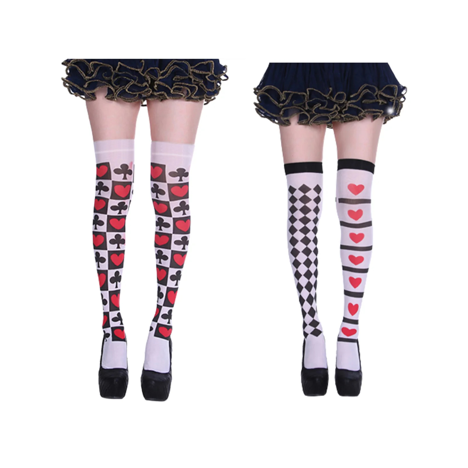 Printed stockings combination: large colorful poker flowers + large rhombus hearts (1 pair each)