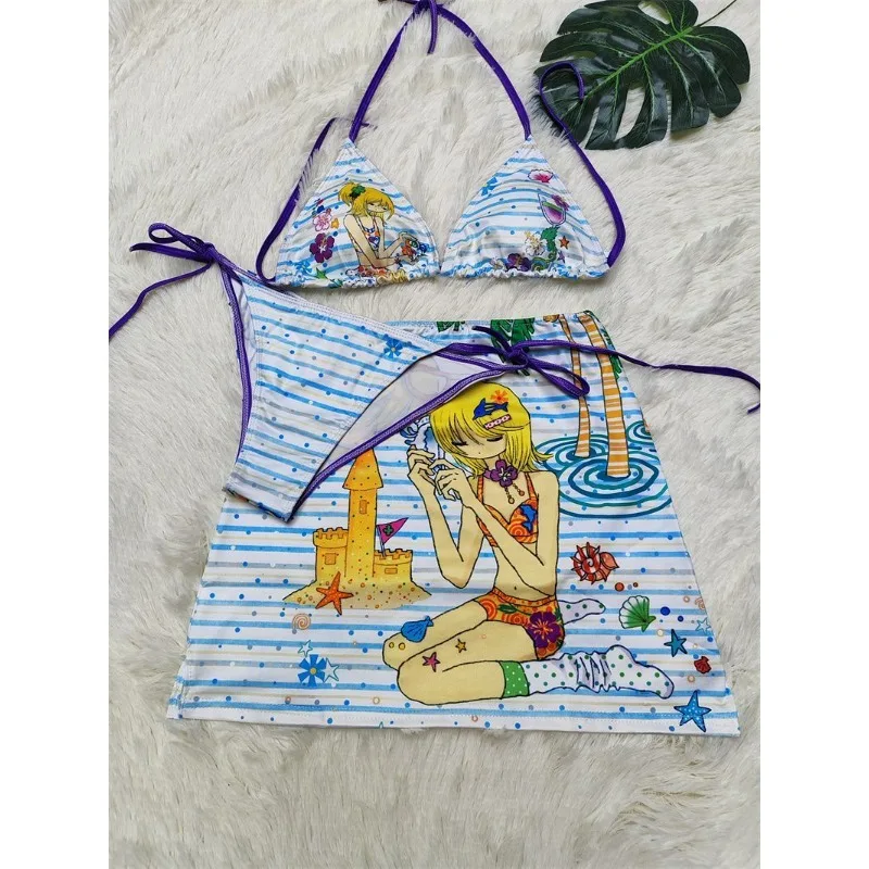 

Kawaii Women Bikini Sexy Halter Neck Swimsuit Fresh and Cute Style Bikini Set Three-piece Triangle Swimsuit Hot Girls Swimwears