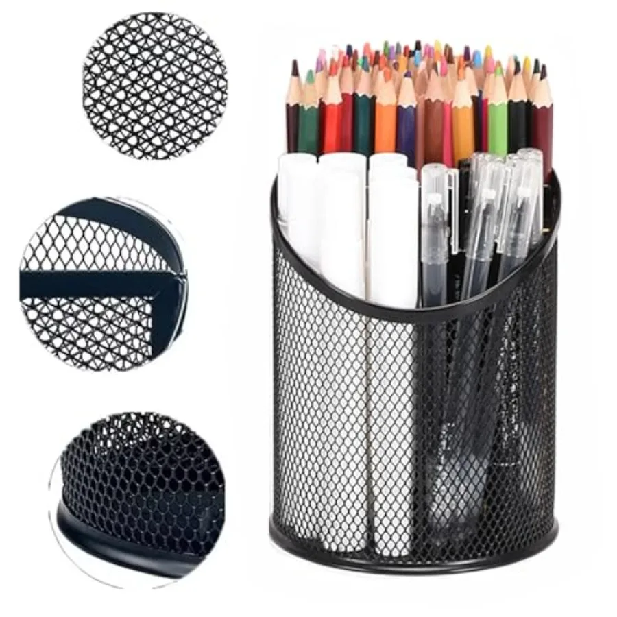 2 Pack Mesh Pencil Holder Pen Cup for Desk Round Black Pen Holder Desktop Pen Organizer 3 Compartments Pencil Organizer Desk Or