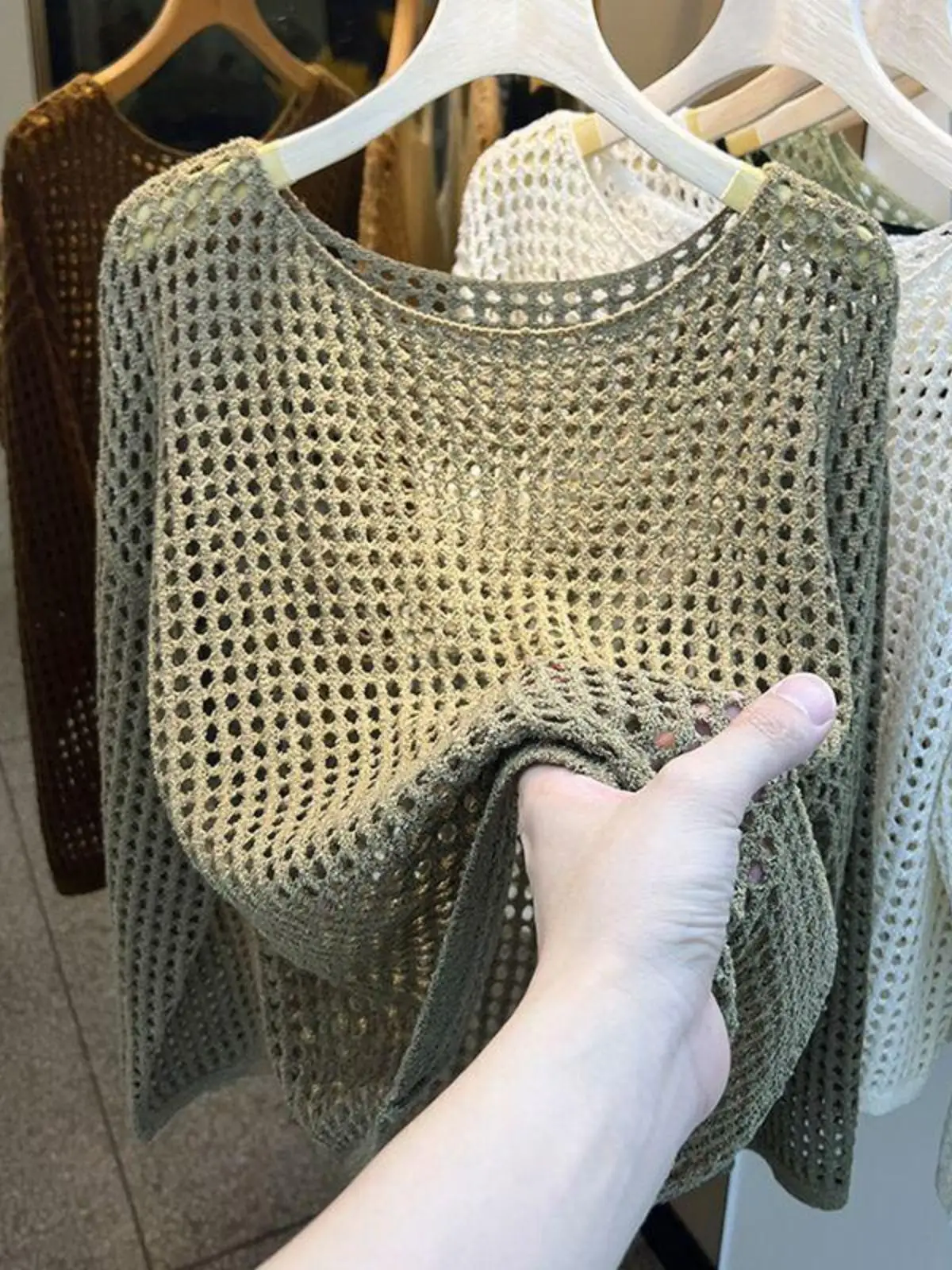 

Women's Long Sve Hollow out Knitted Me irt Spring Summer Thin Sun Protection Cover up Sweet Sle Loose Fit Top