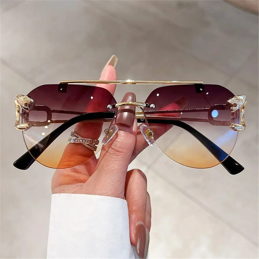 Vintage Cheetah Decor Rimless Sunglasses Men Women Trendy Gradient Shades New Double Bridge Sun Glasses UV400 Fashion Eyewear