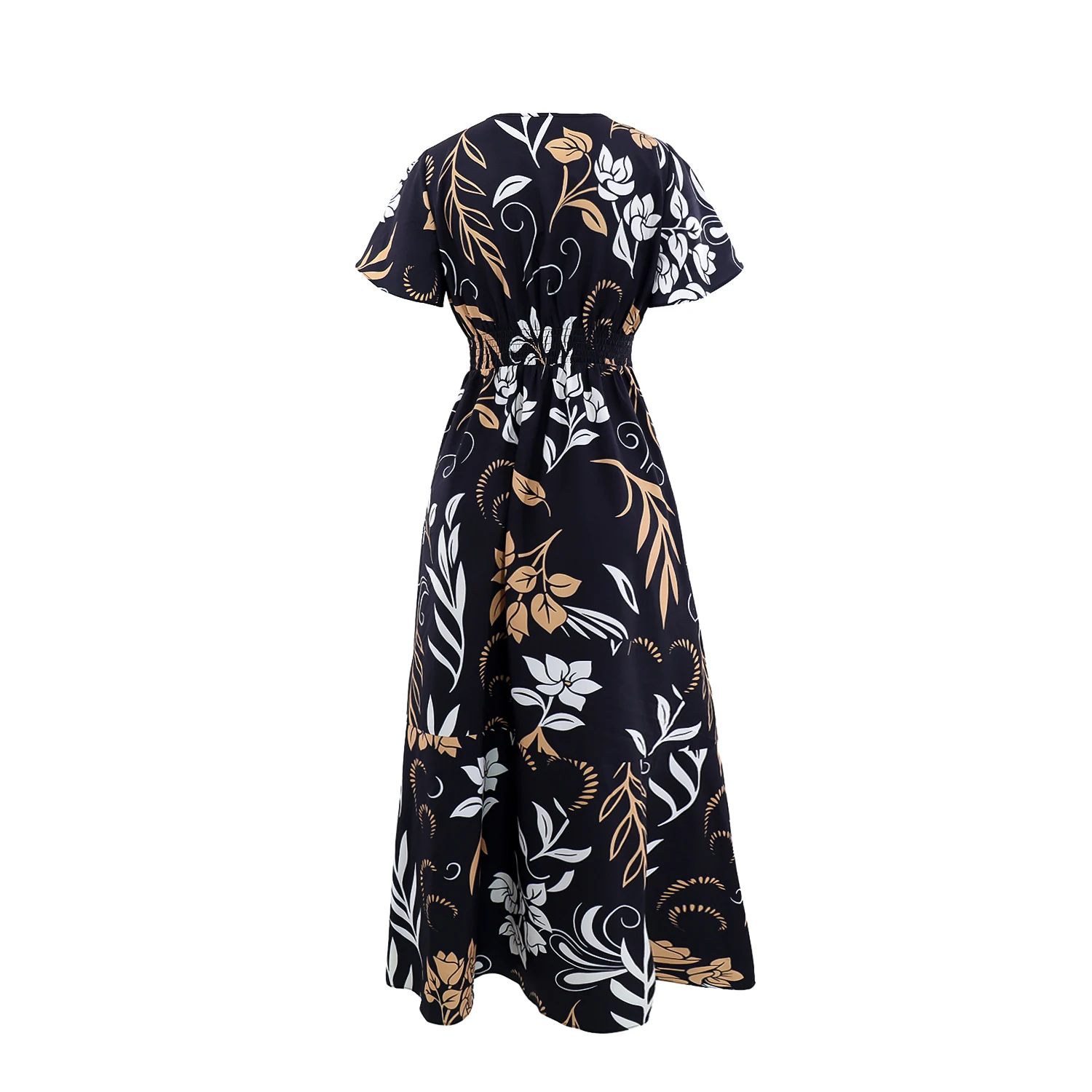 Abito lungo da donna a trapezio con stampa di foglie tropicali e vita grembiule - Abito da spiaggia Boho a maniche corte in nero/beige/marrone/per l'estate